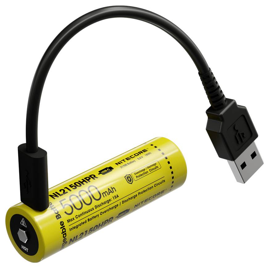 Žltá nabíjateľná batéria Nitecore 21700 s krátkym USB nabíjacím kablom pripojeným na kladný pól