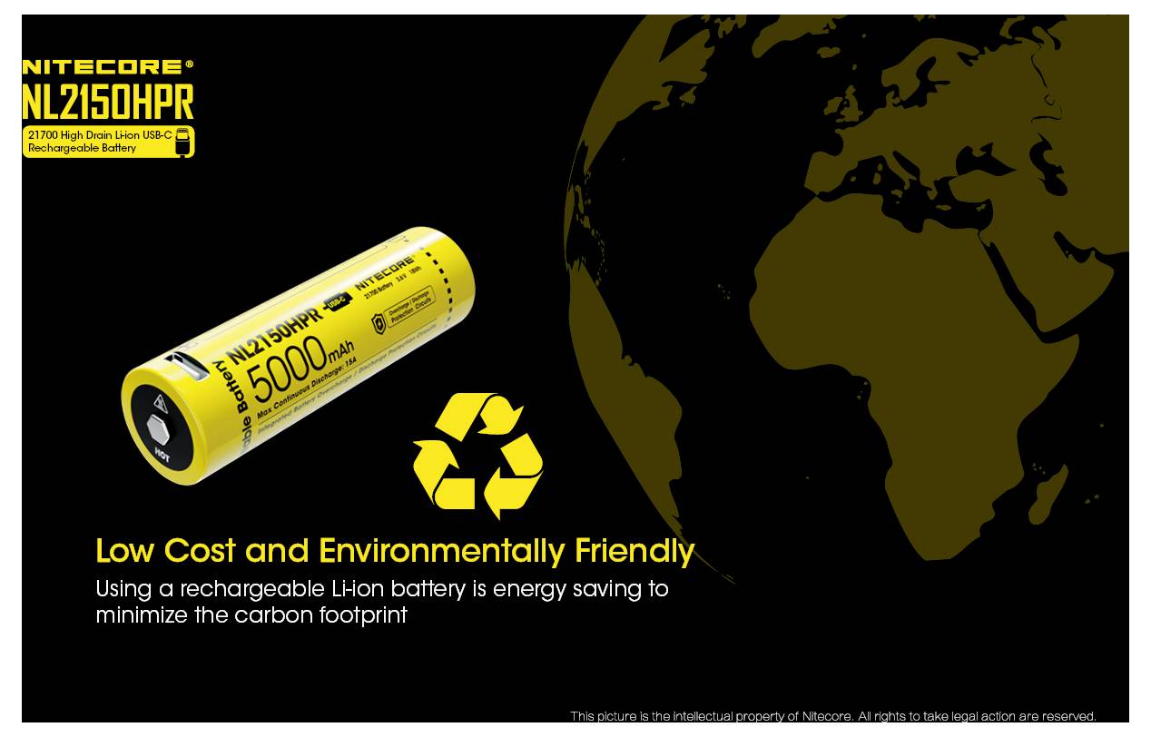 Nitecore NL2150HPR nabíjateľná lítiovo-iónová batéria s obrázkom žltej 5000 mAh batérie, symbolom recyklácie a mapou sveta s textom "Nízke náklady a šetrnosť voči životnému prostrediu" a správou o uhlíkovej stope.