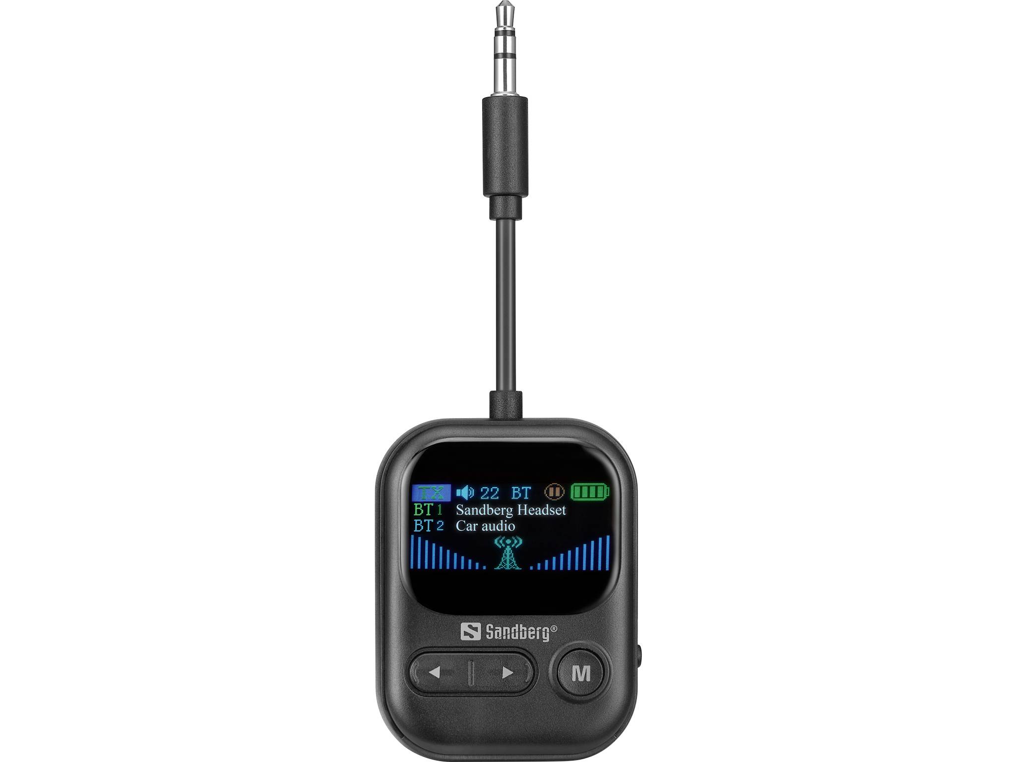 Čierny adaptér Sandberg Bluetooth slúchadiel s 3,5 mm zásuvkou, malý displej zobrazujúci stav batérie a stav BT.