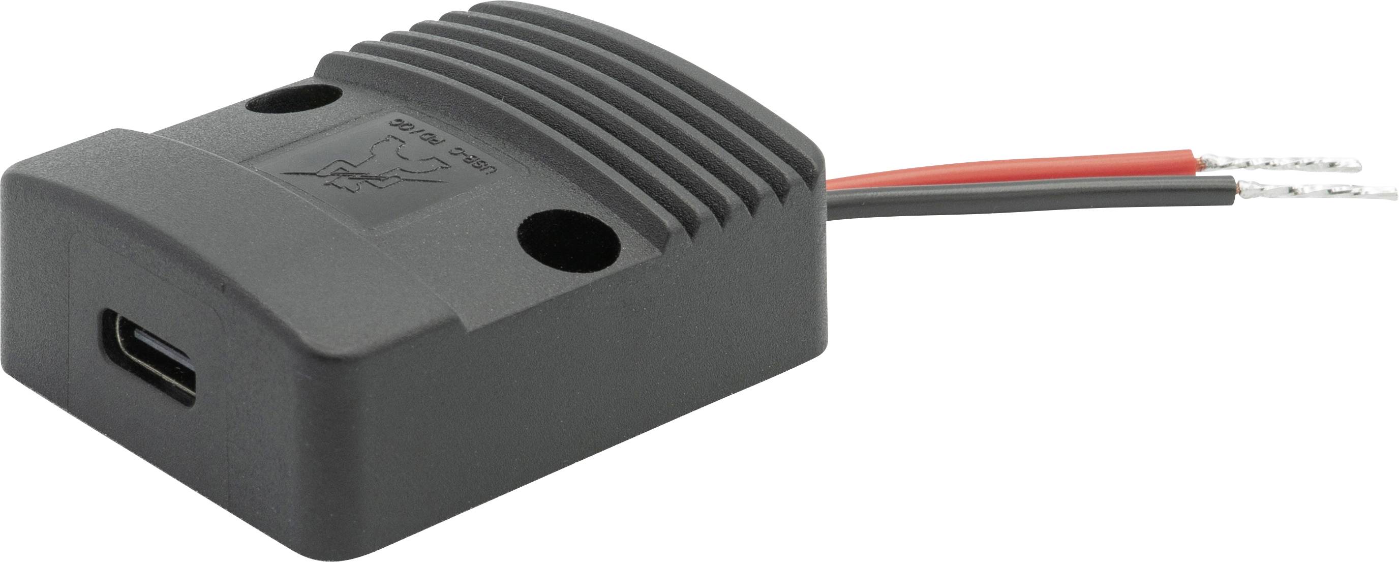 Čierne plastové puzdro elektrického konektora s portom USB-C a dvoma červenými a čiernymi vodičmi vychádzajúcimi zo zadnej časti.