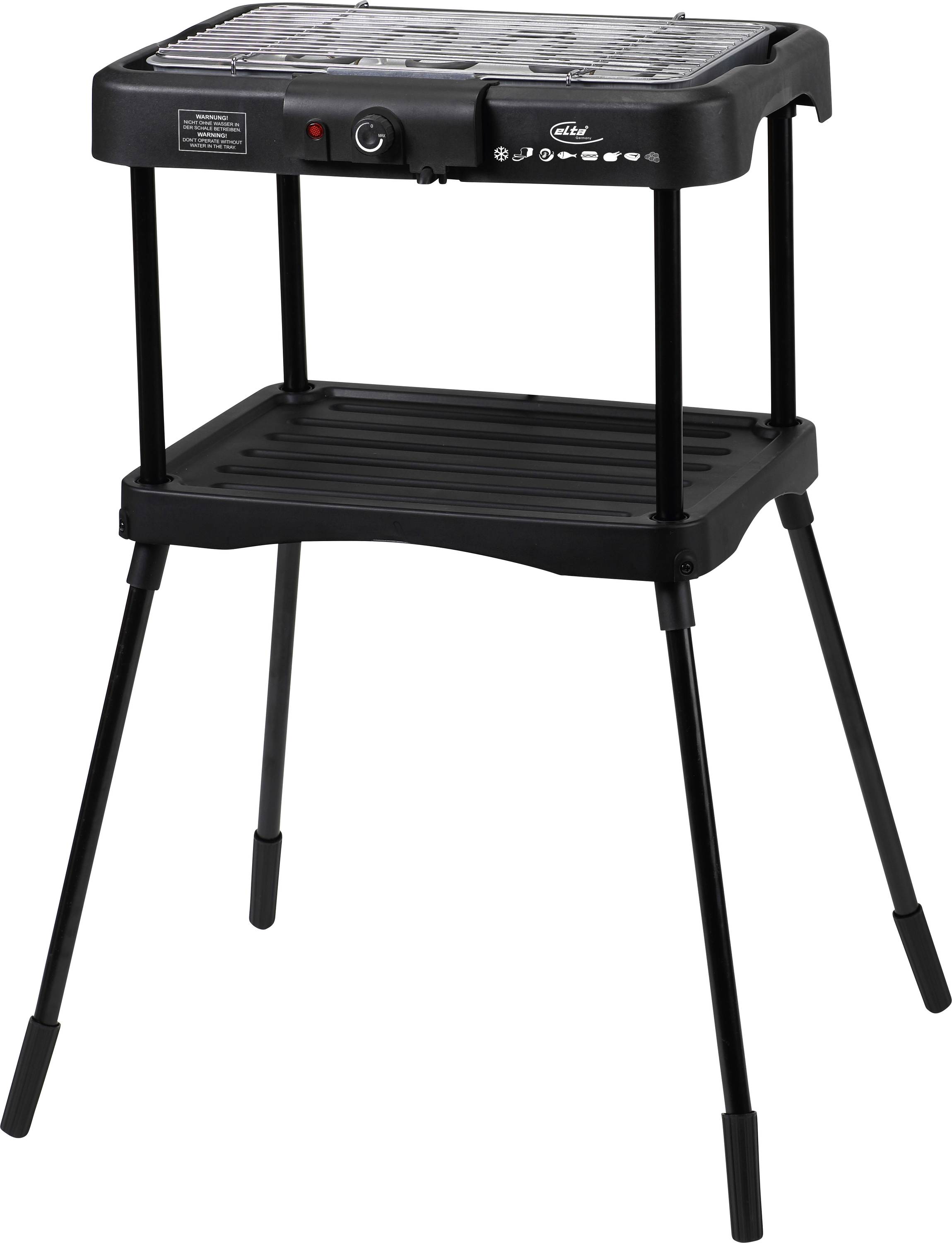 Čierna prenosná elektrická griliarka na stojane s hornou variacou plochou a dolnými policou, zobrazená na bielom pozadí.