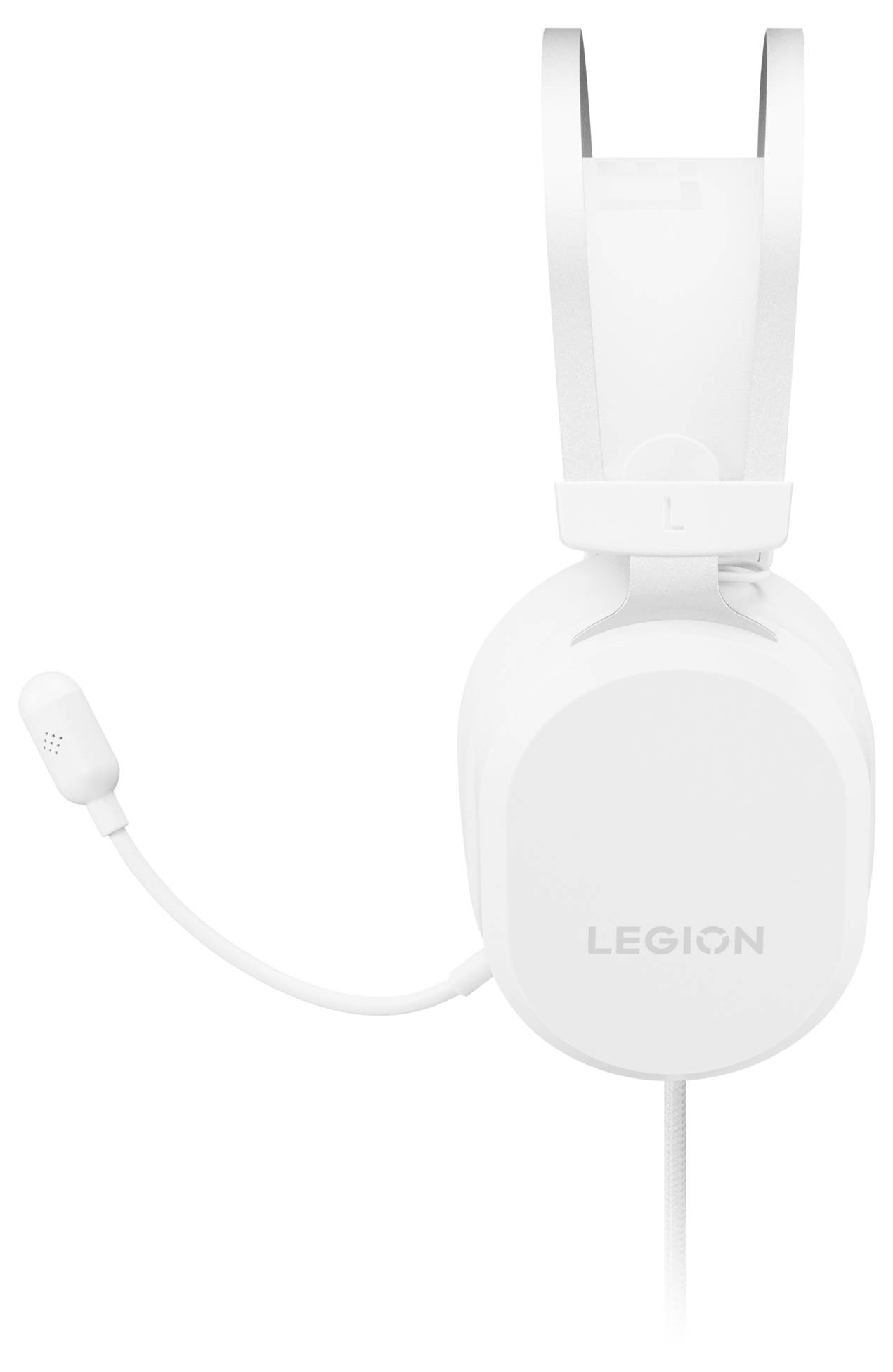 Biely herný headset Lenovo Legion s nadušničovými slúchadlami, pripojeným káblom a mikrofónom na jednoduchom pozadí.
