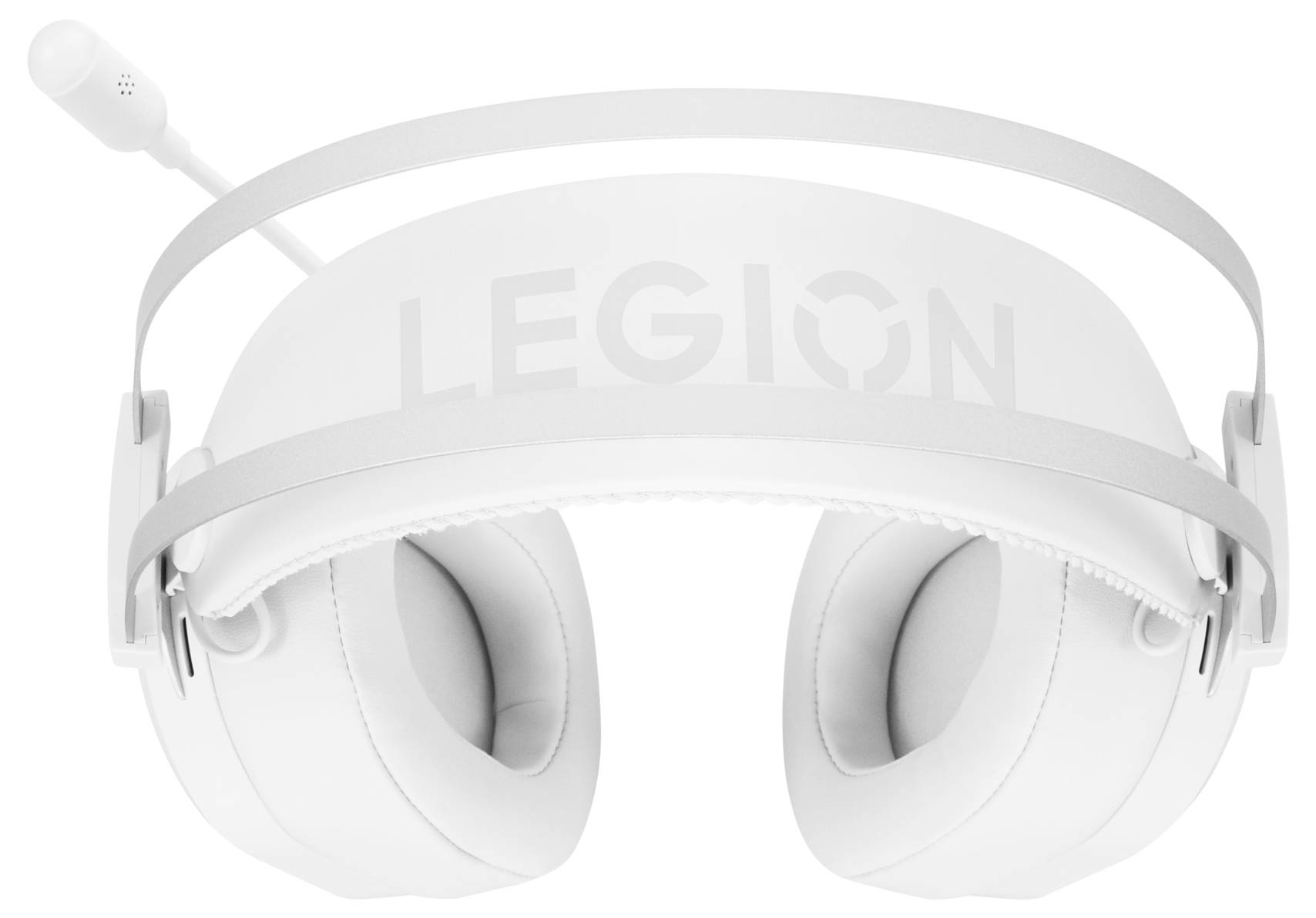 Biela herná sluchádla Lenovo Legion so slúchadlami na uši, veľkými mäkkými čalúnenými náušnicami a nastaviteľnou čeľusťou, zobrazené v predsedovom pohľade na bielom pozadí.