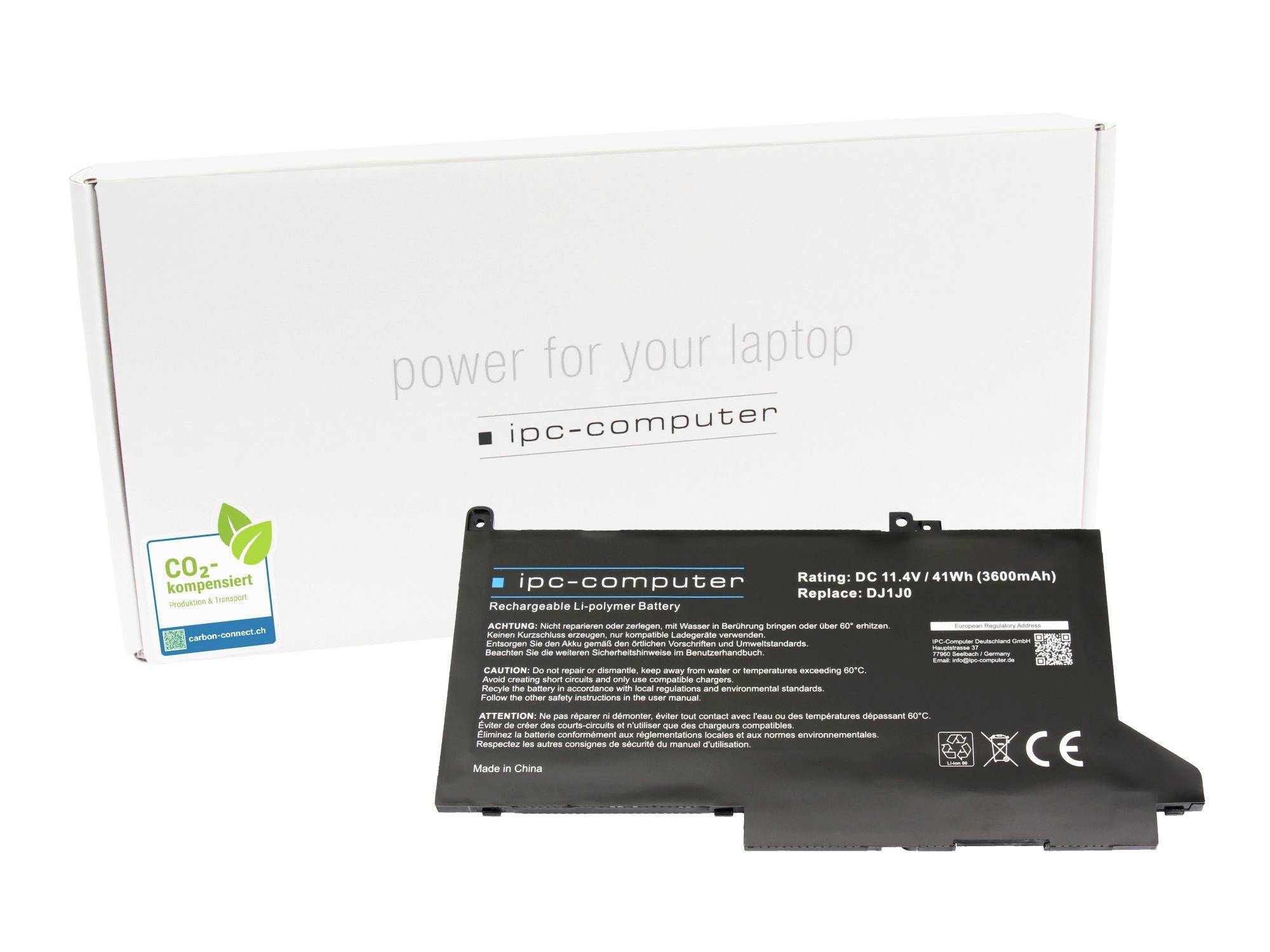 Sada na výmenu batérie notebooku s čiernou nabíjateľnou batériou ipc-computer v popredí jej bieleho boxu s nápisom "power for your laptop".