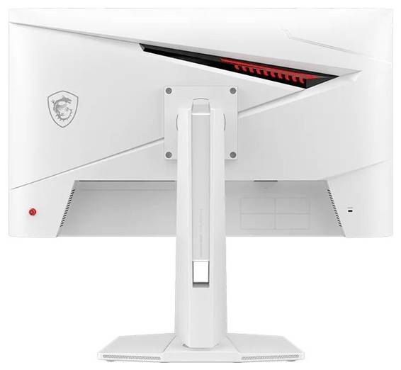 Zadný pohľad na biely herný monitor MSI na stojaní s červeným akcentným osvetlením a logom štítu na zadnom kryte.
