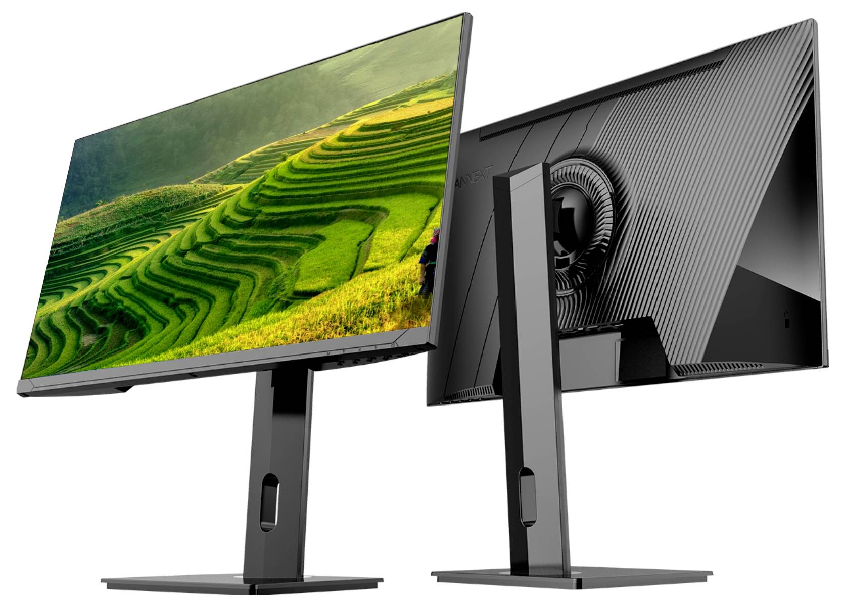 Dva pohľady na štíhly čierny stolný monitor na stojane, ukazujúce predný pohľad so zelenou terasovitou krajinou a zadný pohľad s vetraním a portmi.