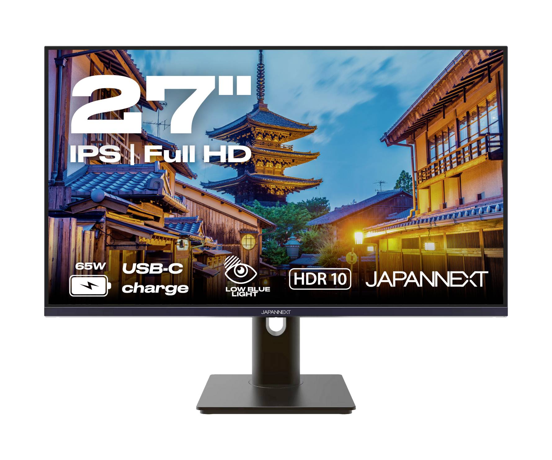 27-palcový monitor JAPANNEXT s IPS Full HD displejom, USB-C nabíjaním 65W, HDR10 a nízkou modrým svetlom; zobrazený s japonskou mestskou scénou na obrazovke.