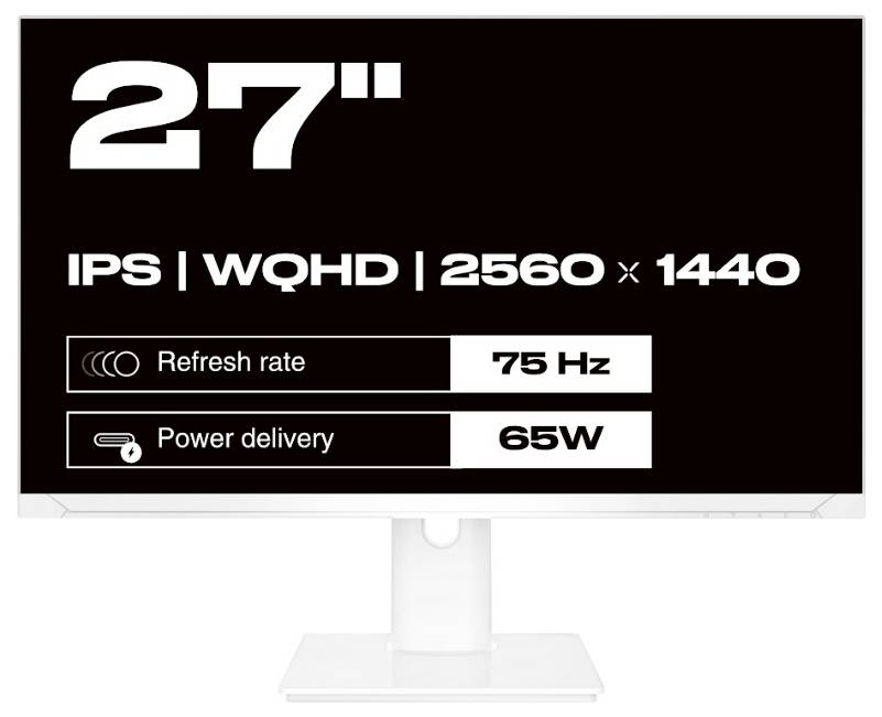 27-palcový monitor s IPS panelom, rozlíšením WQHD 2560 x 1440, obnovovacou frekvenciou 75 Hz a dodávkou energie 65 W.