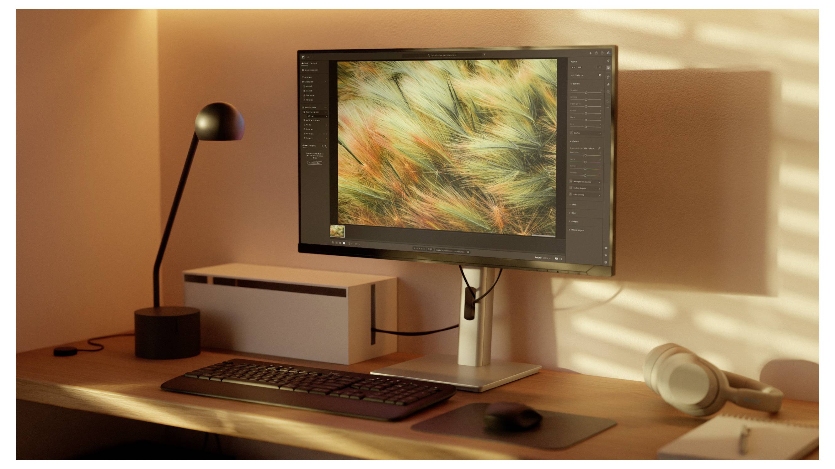 Stolný pracovný počítač s monitorom zobrazujúcim abstraktnú farebnú digitálnu umelecku prácu, klávesnica, myš, stolná lampa a slúchadlá na slnkom zaliatom dreveného stole.