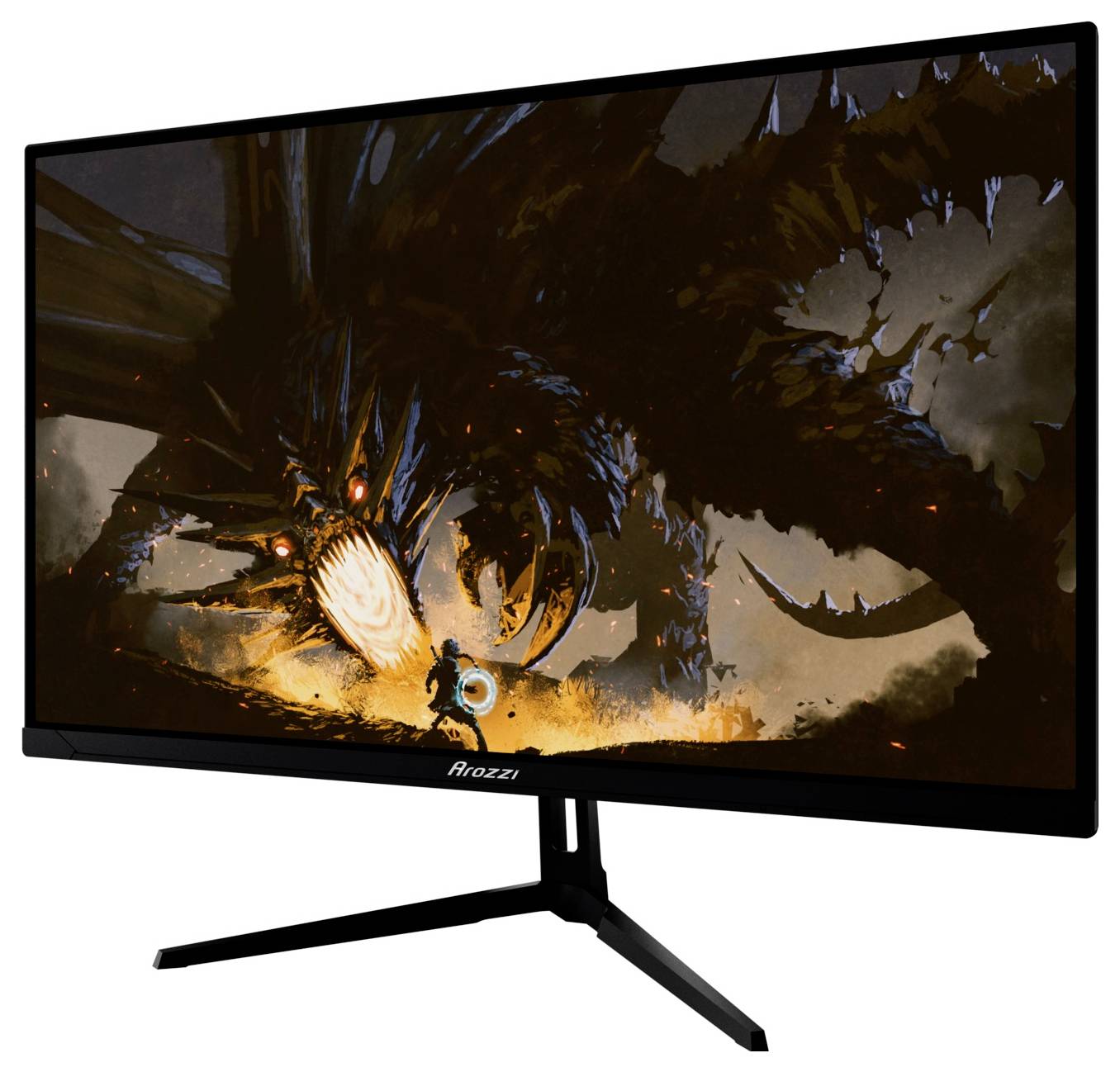 Zakrivený herný monitor na stojane zobrazuje tmavú fantasy bitku s veľkým drakom, ktorý dýcha oheň na malú postavu.