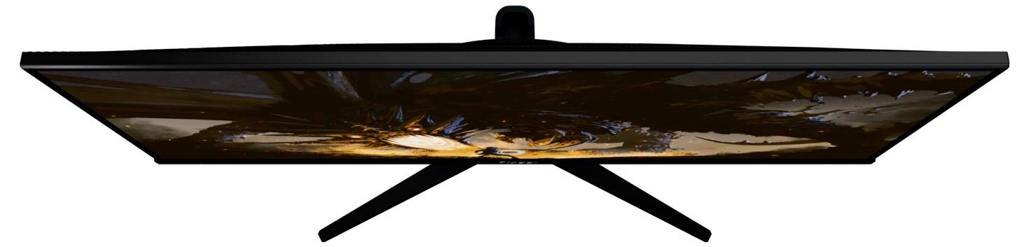 Tenký čierny plochý monitor s LCD obrazovkou zobrazený z boku na V-tvarovom stojane s teplým tónom obrázka na obrazovke.