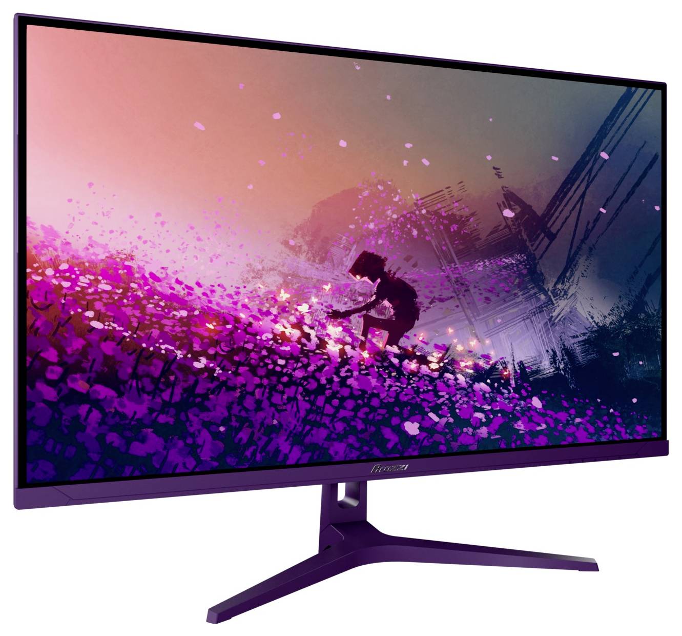 Zakrivený monitor zobrazujúci živú ružovo-purpurovú scénu so siluetou postavy obklopenej svietiacimi časticami.