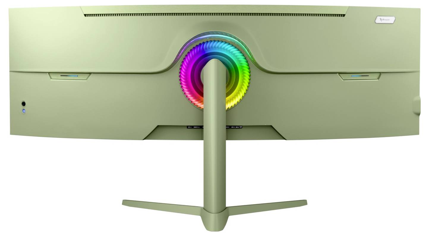 Zadný pohľad na olivovo-zelenú zakrivenú obrazovku na stojane s viacfarebnými RGB krúžkom okolo centrálneho držiaka.
