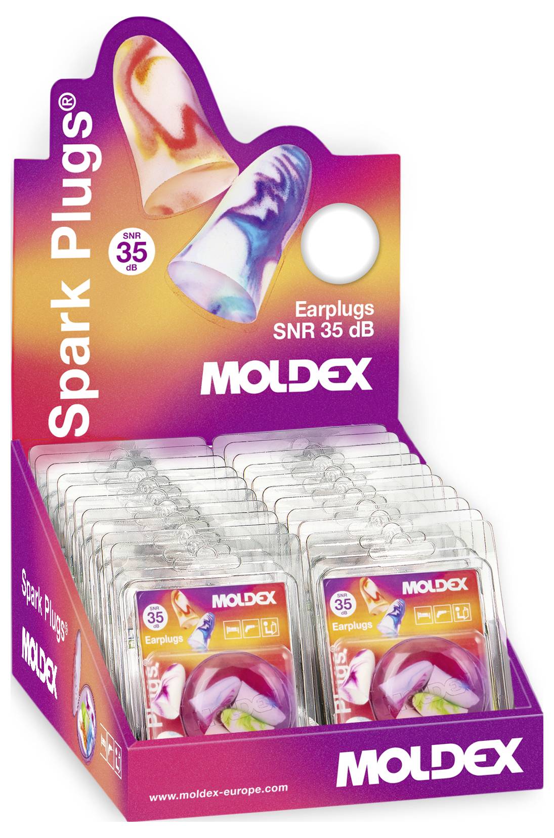 Moldex Spark Plugs bezpečnostné zátky do uší s farebnými obalmi zátok do uší, označené ako „SNR 35 dB" a „Zátky do uší", s viacerými čirými balíčkami v priehľadnej vitrínke.