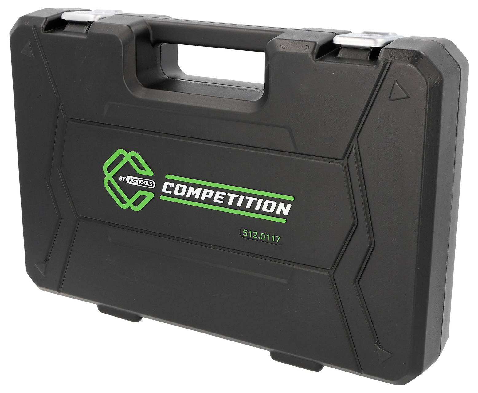 Čierne pevné plastové puzdro s nápisom „COMPETITION" so zeleným logom a rukoväťou na vrchu.