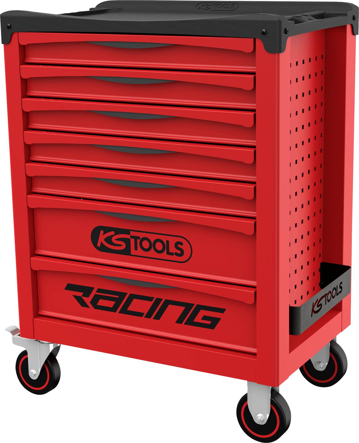 Červená valivá dielňová skrín KSTOOLS Racing so šiestimi zásuvkami a štyrmi kolieskami na bielom pozadí.