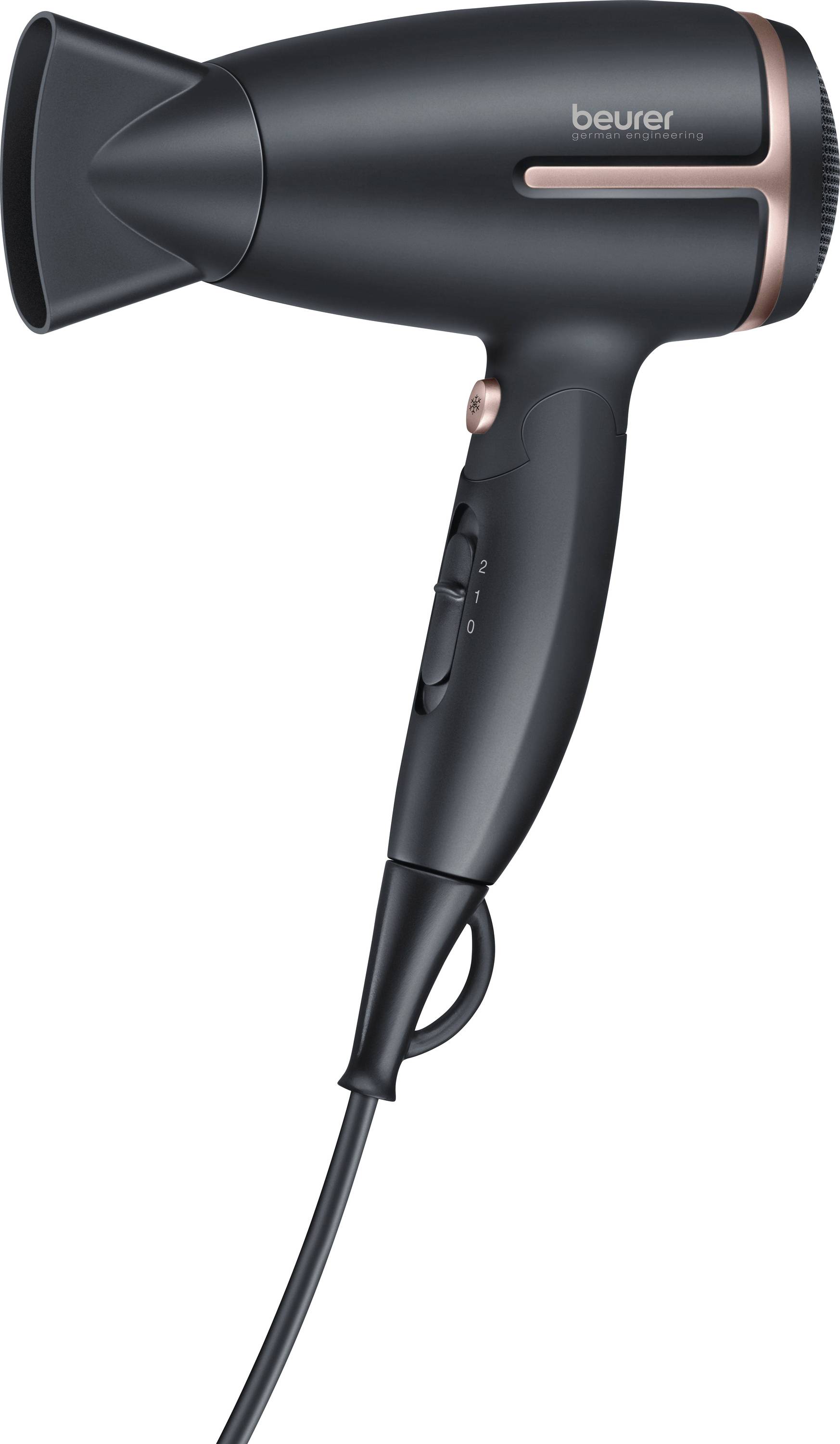 Čierny fén Beurer s sústreďovacou hubicou, meďou zdobeným okrajom a slučkou na zavesenie na bielom pozadí.