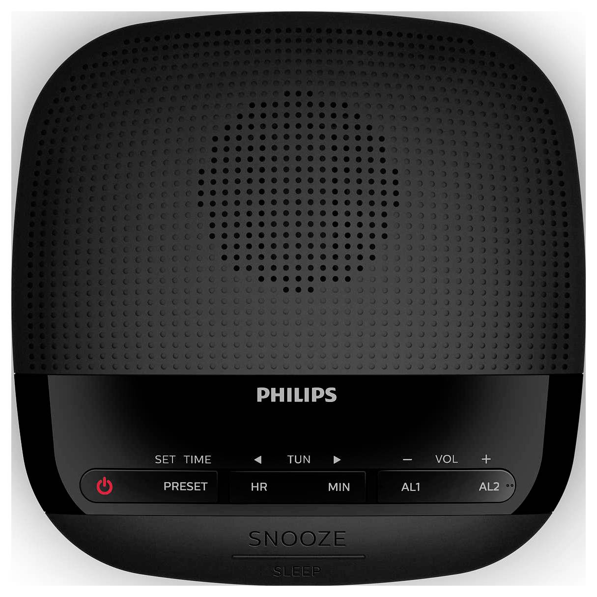 Čierny digitálny budík s rádiom Philips s reproduktorovou mriežkou, displejom a ovládacími prvkami na nastavenie času, predvoľby, ladenia, hlasitosti a funkcie odsunúť budenie.