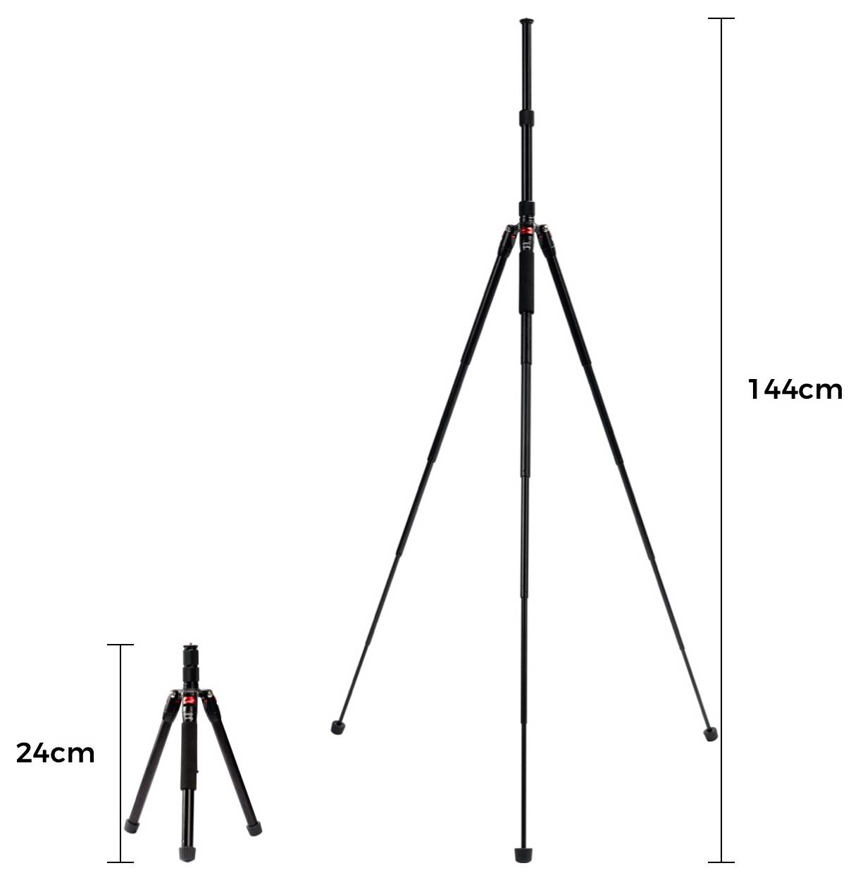 Nastaviteľný statív zobrazený v zloženom a rozšírenom stave, s rozmermi 24 cm v kompaktnom stave a 144 cm plne rozšírenom.