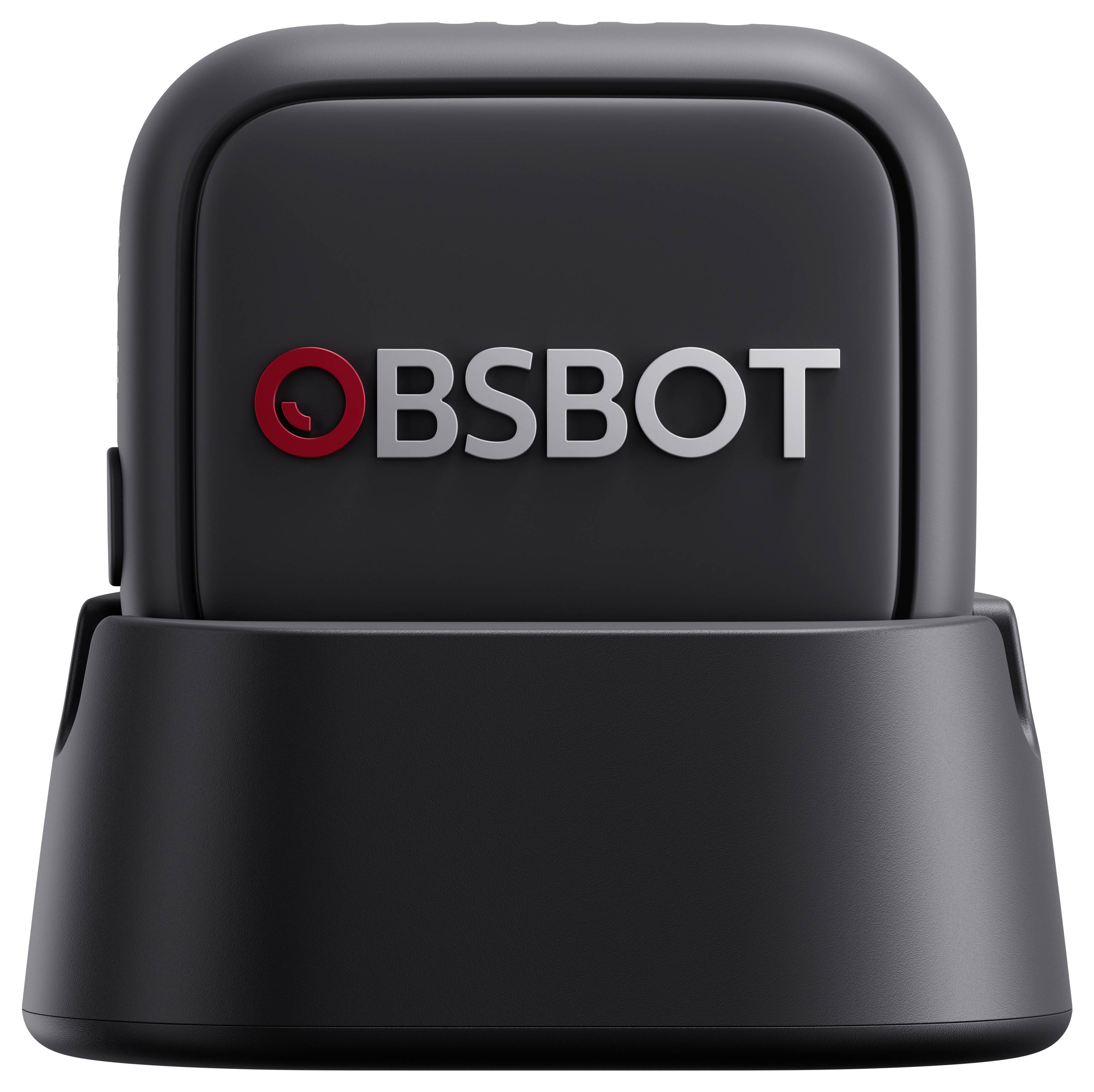 Čierna kamera OBSBOT alebo webkamera na bielom pozadí s logom OBSBOT na prednej strane.