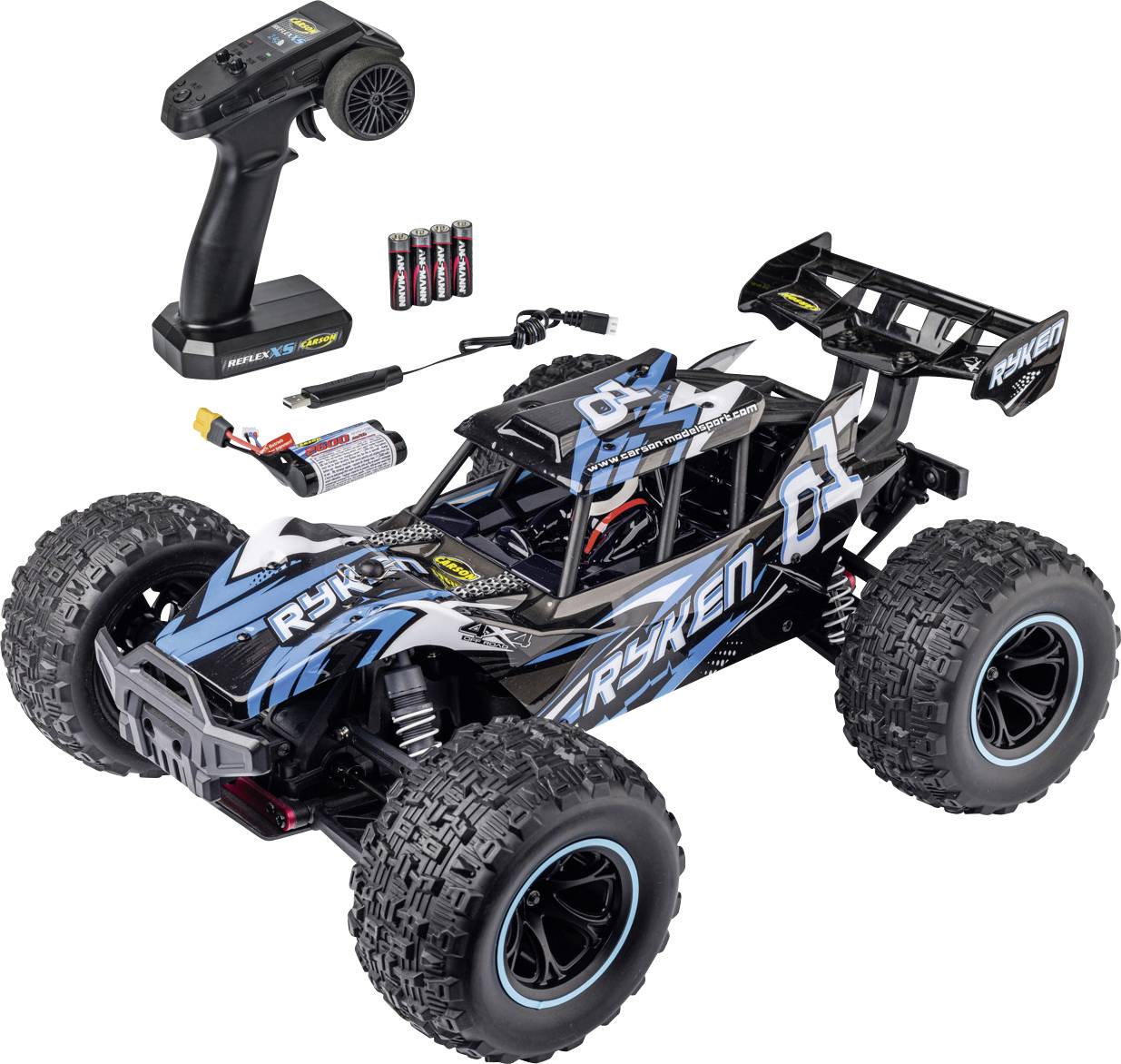 Diaľkovo ovládaný terénny buggy set s vysielačom, nabíjateľnou batériou, nabíjačkou a náhradnými batériami zobrazený na bielom pozadí.