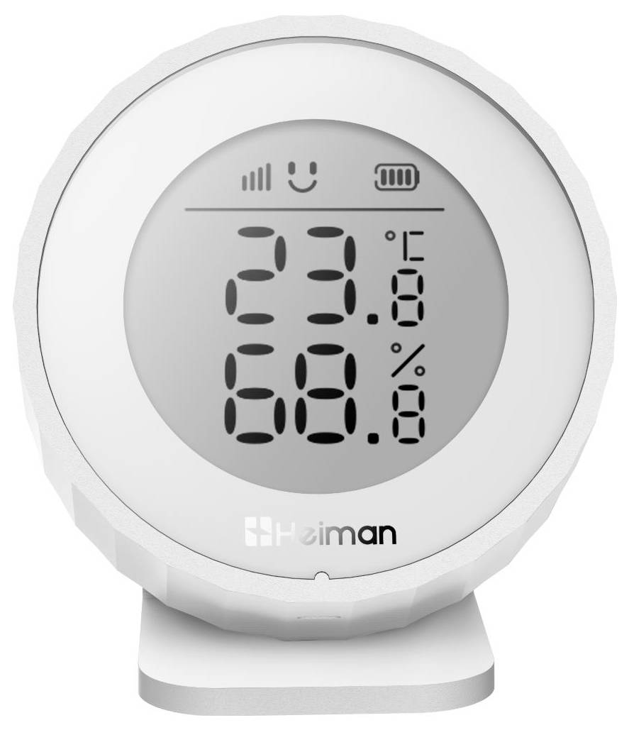 Okrúhly digitálny teplomer/vlhkomer zobrazujúci 23,8°C a 68,8% vlhkosti vzduchu s ikonami batérie a komfortu na displeji.