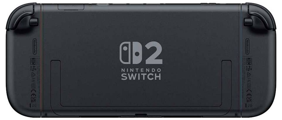 Zadný pohľad na konzolu Nintendo Switch, ktorý zobrazuje logo "Nintendo Switch" a podpornú nohu umiestnené v strede zadného panela.