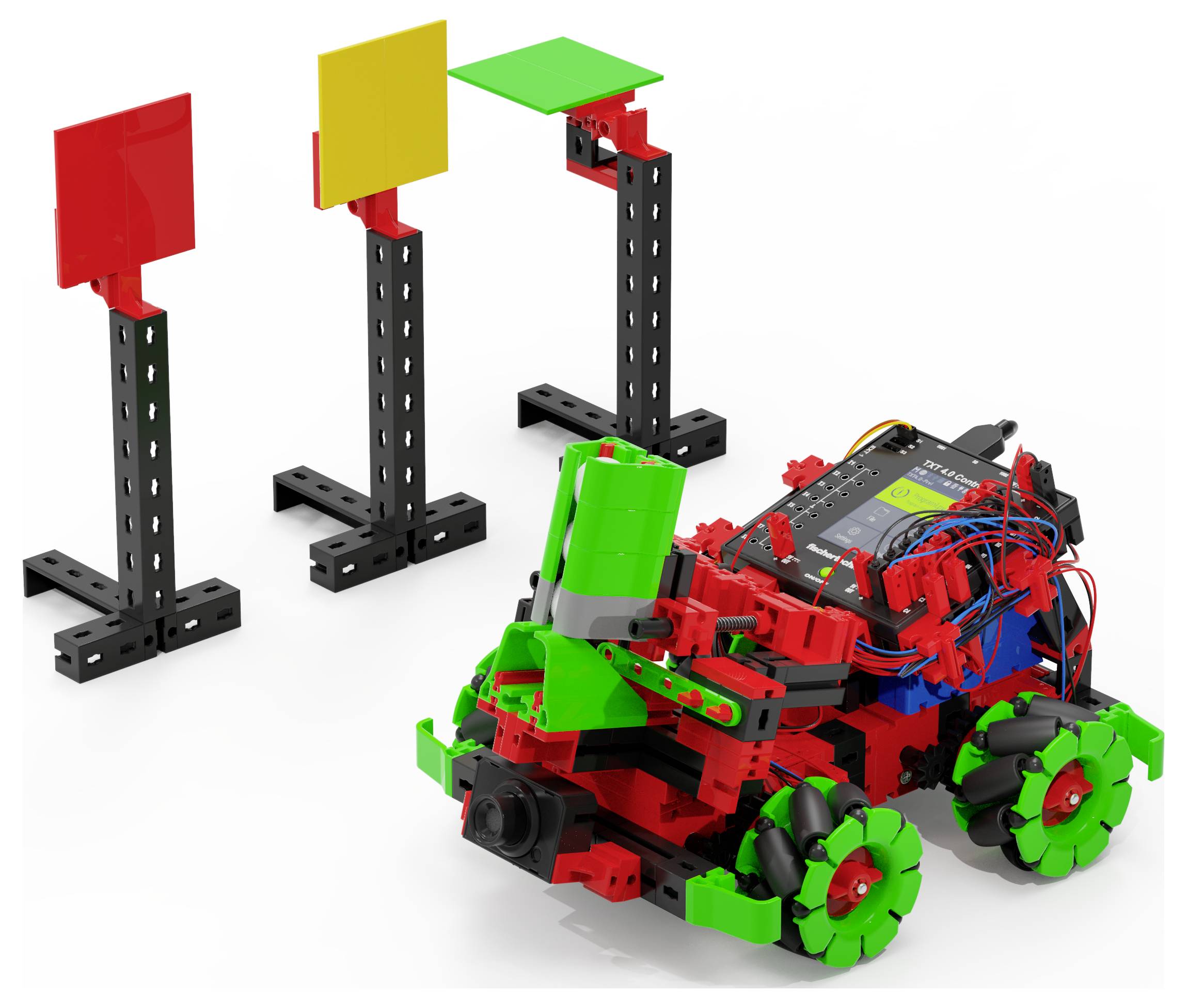 Robot na triedenie farieb zložený z červených, zelených a čiernych častí čelí trom vyvýšeným farebnému cieľom: červenému, žltému a zelenému.