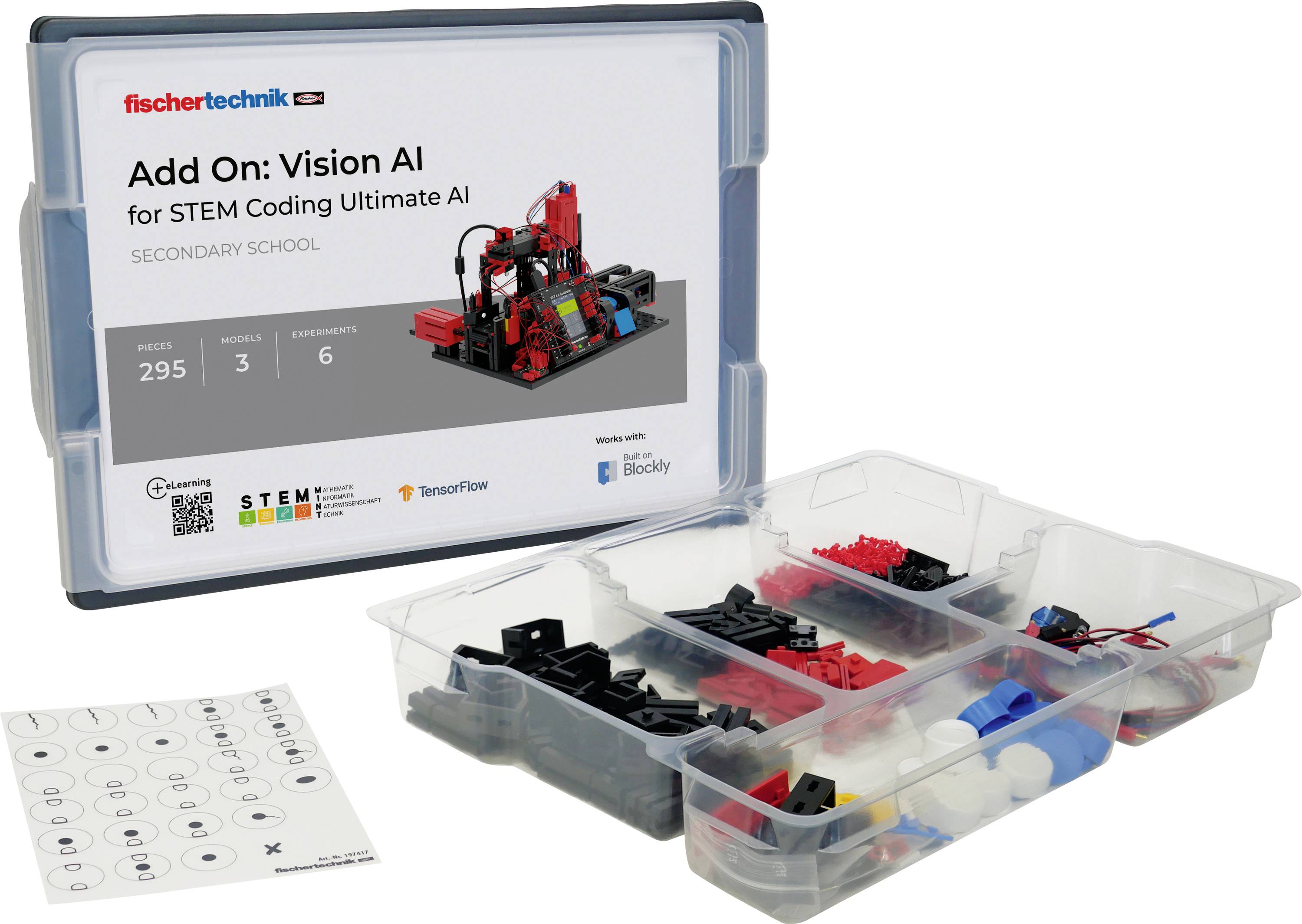 Prípad STEM kódovacieho sady označený „Doplnok: Vision AI pre STEM Coding Ultimate AI" s organizovanými podnosmi na diely a lístkom s pokynmi.