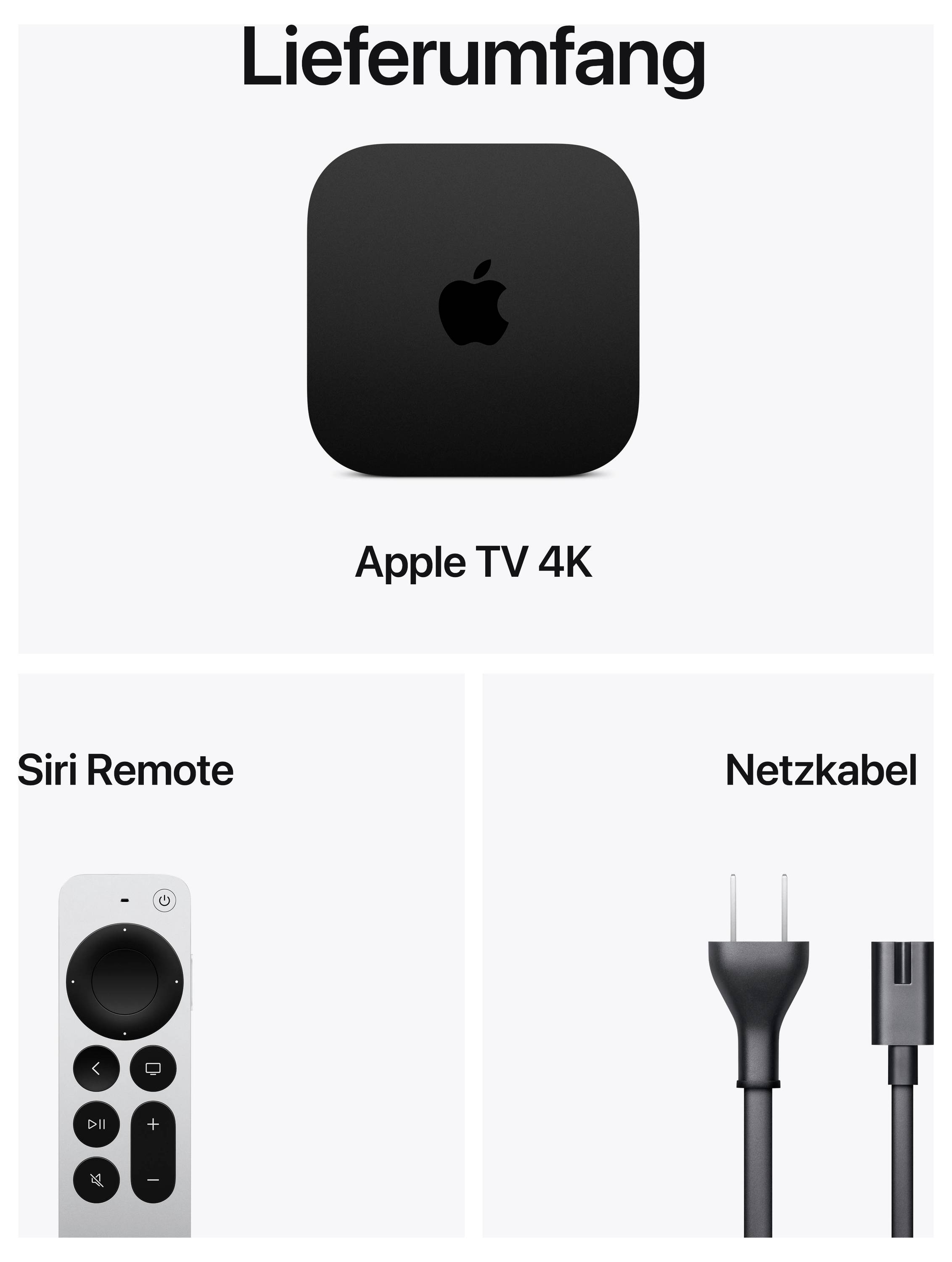 Rozsah dodávky pre Apple TV 4K s Siri Remote a napájacím kábľom.