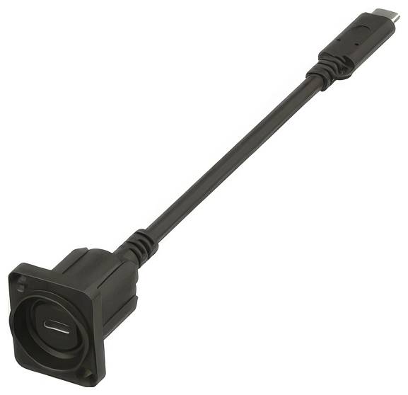 Čierny kábel USB-C so štvorcovým magnetickým koncovým konektorom, zobrazený na bielom pozadí.