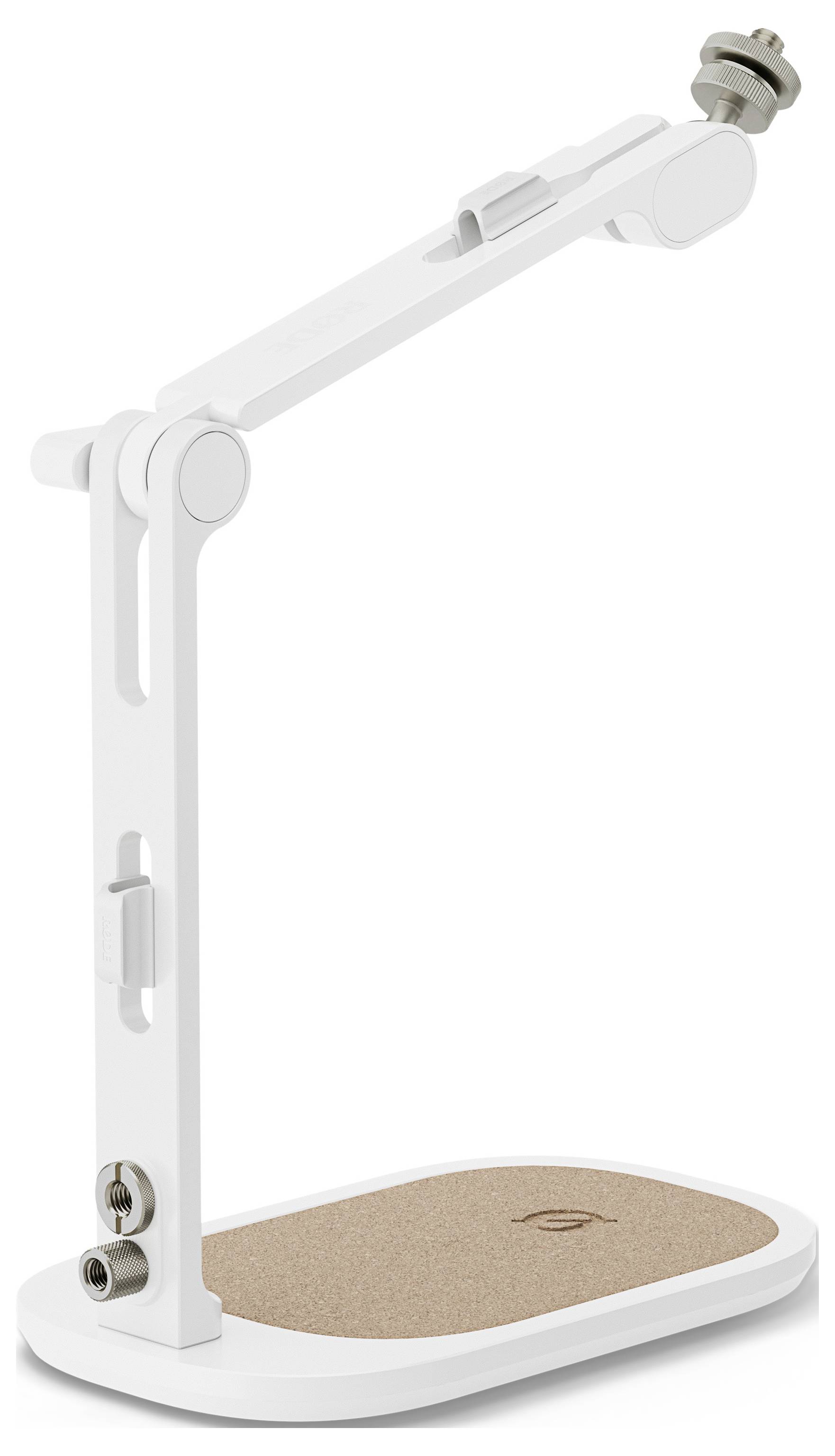 Biela nastaviteľná stolná lampa s váženou oválnou podstavou a kĺbovitým ramenom, zobrazená na jednoduchom pozadí.