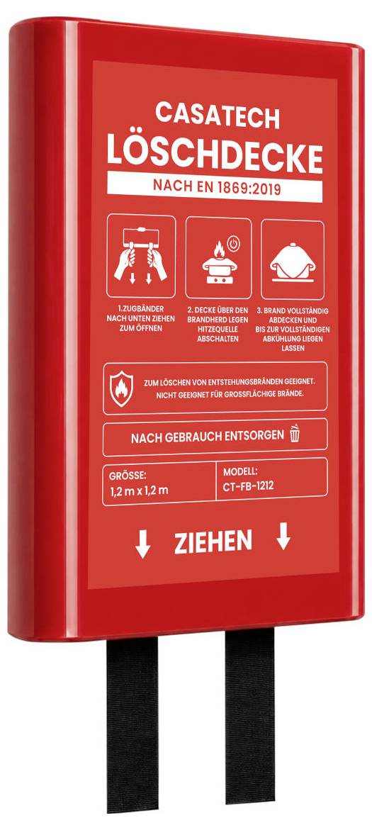 Červený prípad hasičskej deke CASATECH 'LÖSCHDECKE' s pokynmi a bezpečnostnými ikonami, montovaný na dvoch čiernych stojanoch; ťahnutím dole sa odstráni.