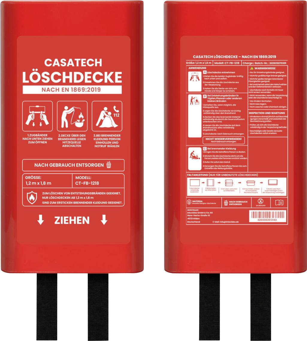 Červený prípad bezpečnostnej požiarnej deky označený 'CASATECH LÖSCHDECKE' s pokynmi na produkty na prednej a zadnej strane v nemčine, zobrazený vzpriamene s visiacimi záložkami.