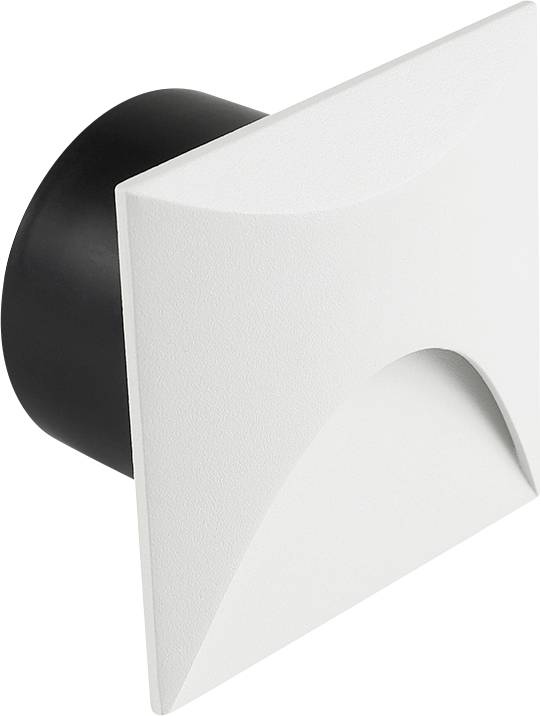 Biela štvorcová nástenná lampa s oblúkovým predným panelom a čiernou valcovitou základňou, zobrazená na jednoduchom pozadí.