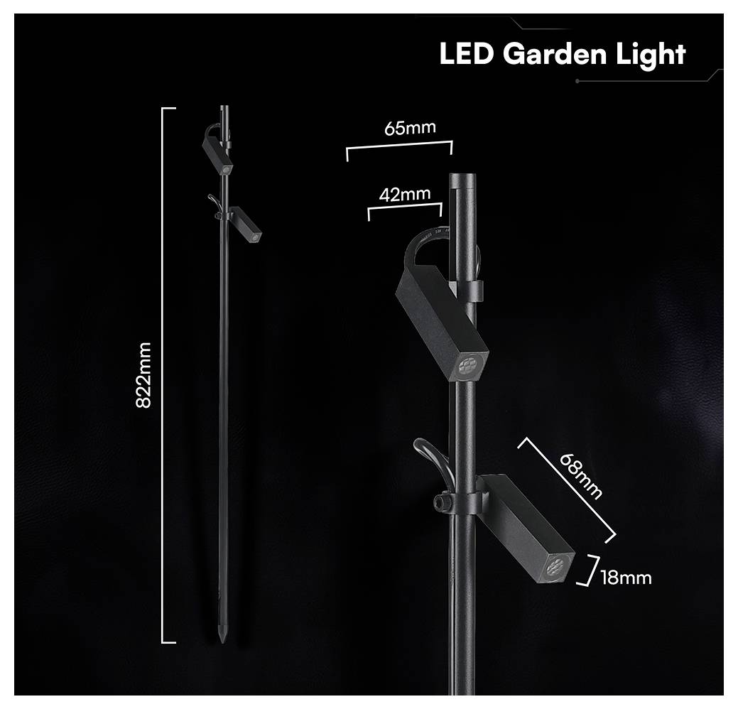 Výrobný diagram "LED záhradného svetla" zobrazujúci kolík a nastaviteľný držiak s označenými rozmermi: výška 822 mm, 65 mm, 42 mm, 68 mm a 18 mm.
