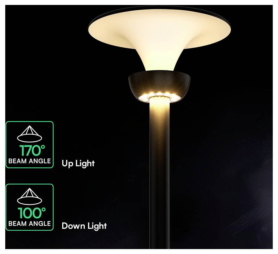 Vonkajšia lampa s osvetlením smerom nahor a nadol, s označeniami ukazujúcimi uhol svetelného kužeľa 170° pre horné svetlo a 100° pre spodné svetlo.