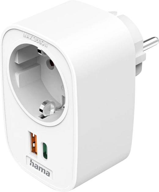 Biely zásuvný napájací adaptér s európskou zásuvkou a dvomi USB portami na nabíjanie, značky „hama".