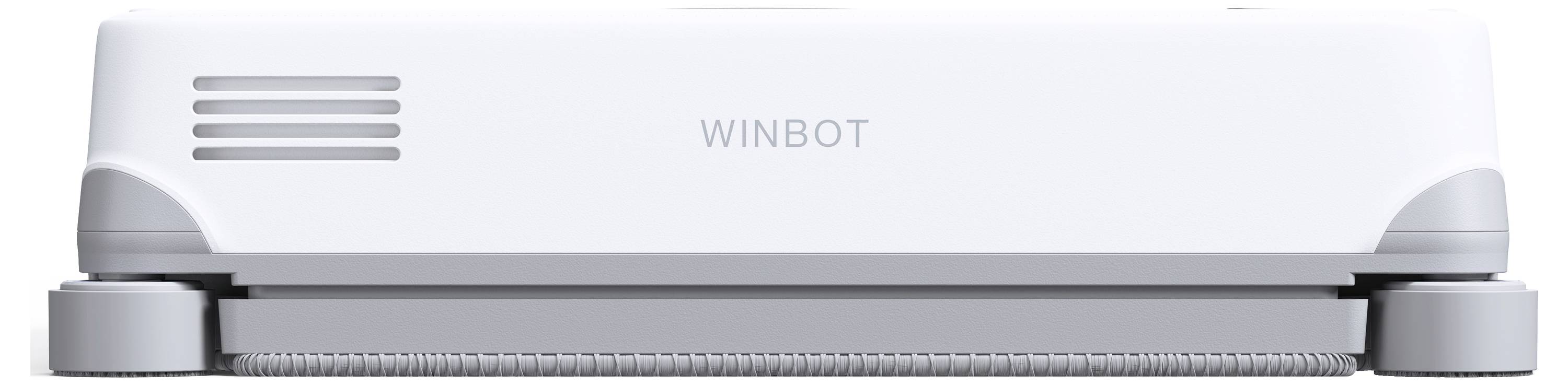 Biely robot WINBOT na čistenie okien so zaoblenými rohmi, zobrazený v bočnom pohľade s sivou čistiacou podložkou alebo valčekom po spodnej strane.