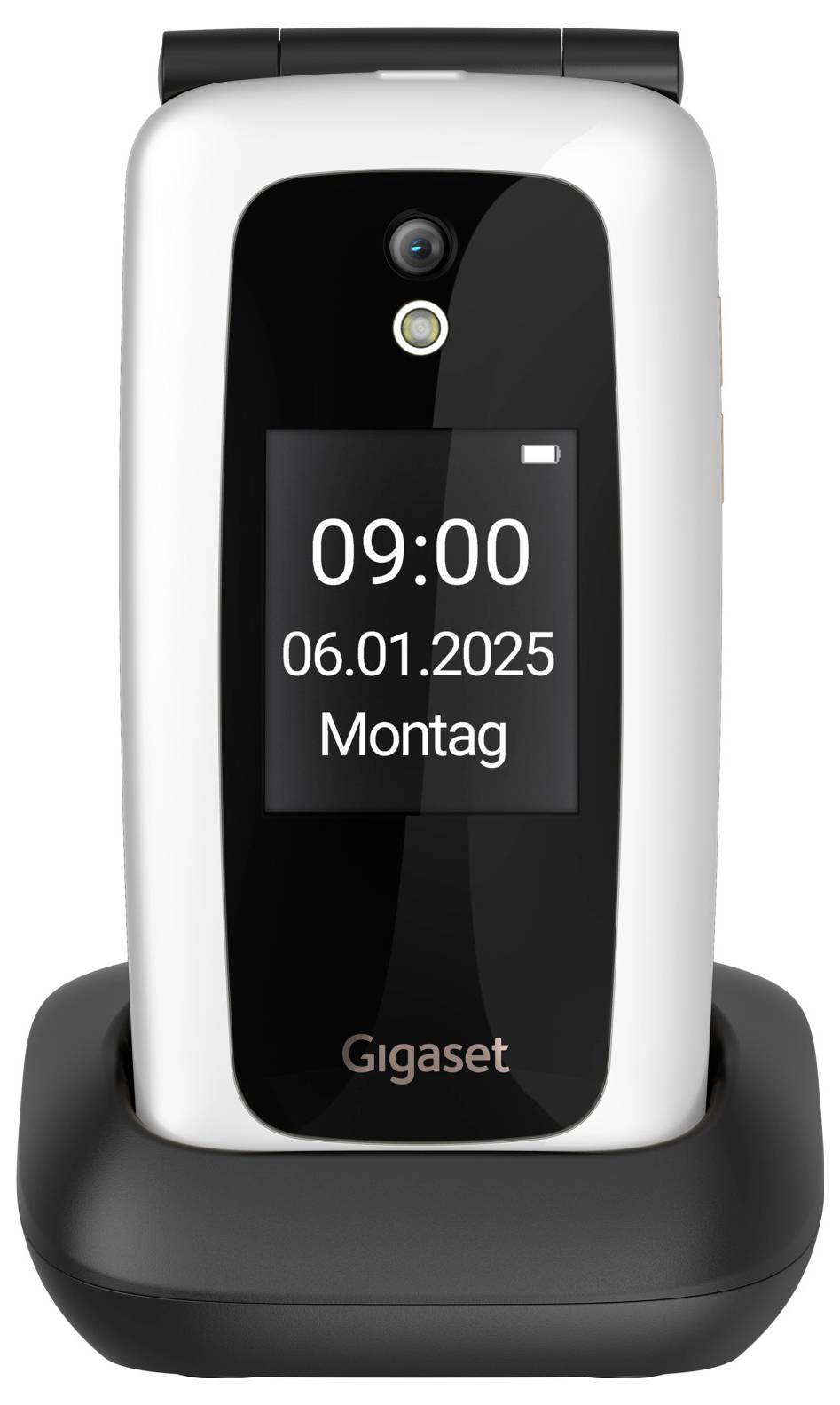 Strieborný Gigaset klápacie telefóny na dobíjacej stanici, na displeji sa zobrazuje 09:00, 06.01.2025 a Pondelok.