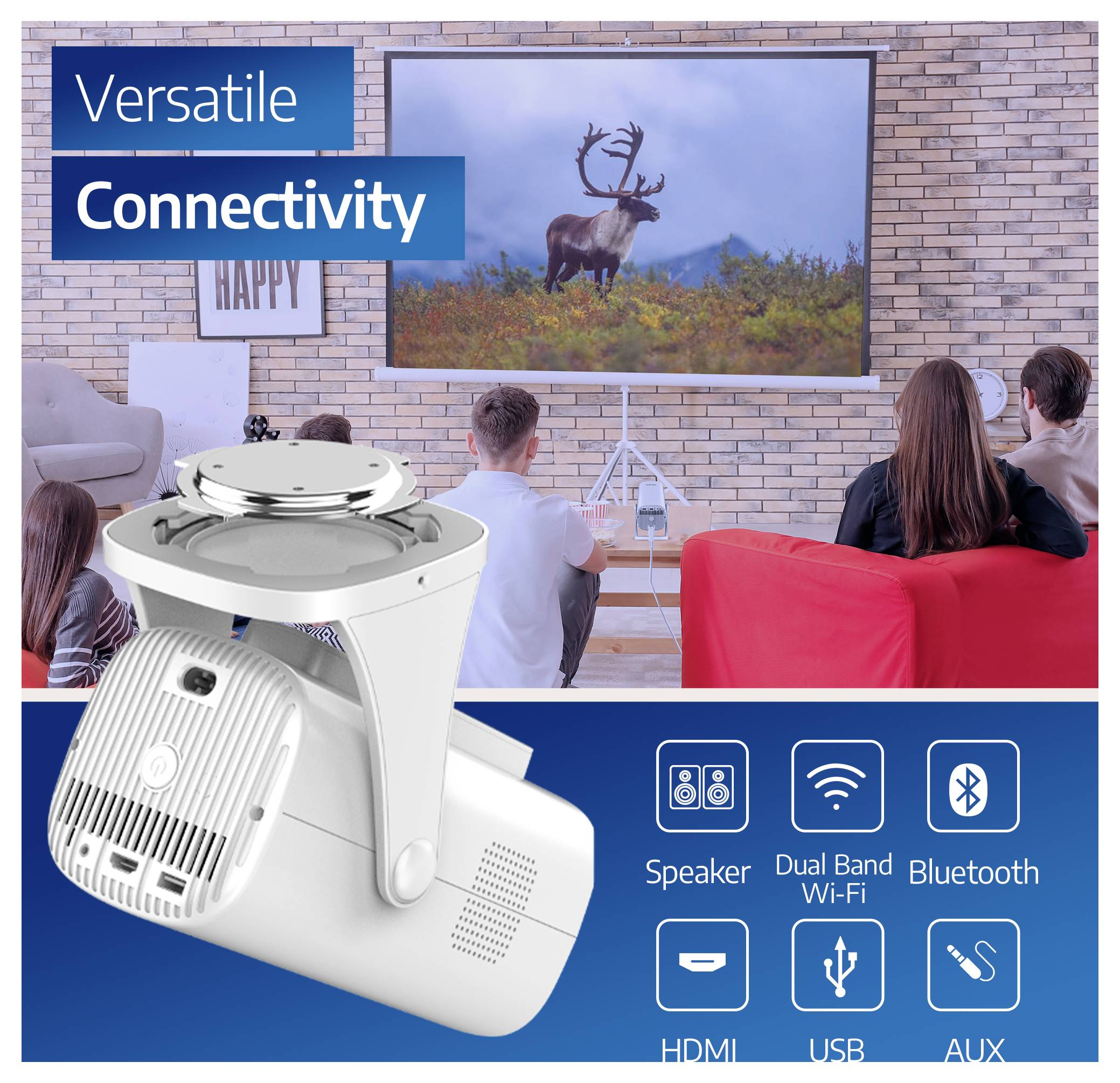 Promo obrázok prenosného projektora s textom „Všestranné pripojenie", ktorý zobrazuje rodinu pozerajúcu si televíziu a ikony pre reproduktor, duálpásmové Wi-Fi, Bluetooth, HDMI, USB a AUX.