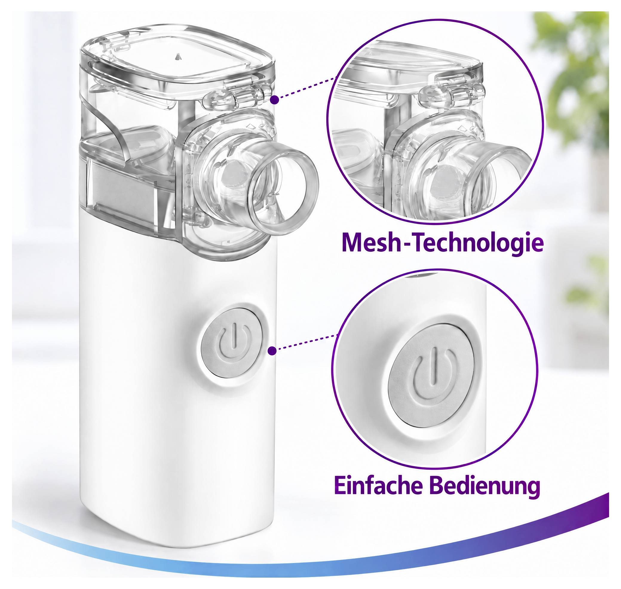 Prenosný biely sieťový aerosolový inhalátor s detailnými zábermi zdôraznujúcimi sieťovú technológiu a jednoduchým tlačidlom napájania; označený ako „Sieťová technológia" a „Jednoduchá obsluha".