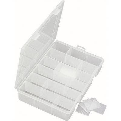 Otvorený, priehľadný organizačný box s viacerými obdĺžnikovými priehradkami, určený na ukladanie menších predmetov.