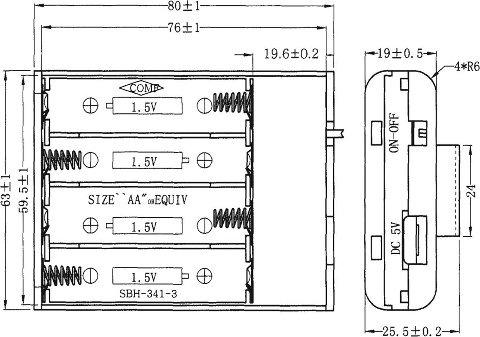 Technický výkres priestoru pre batérie: Rozmery 80 x 55 x 25,5 mm. Miesto pre tri AA batérie, prepínač ZAP-VYP, DC 5V.