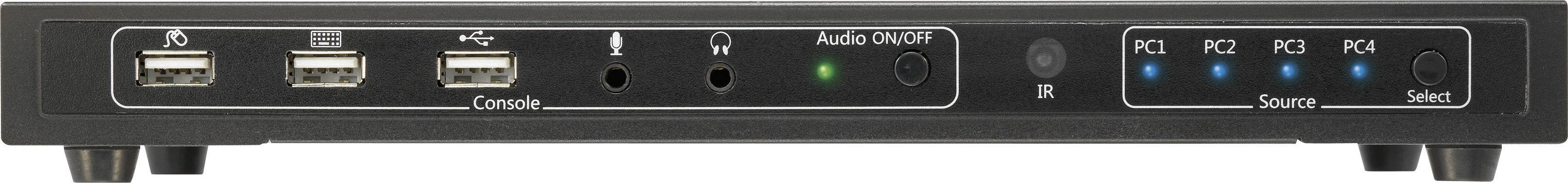 KVM prepínač so štyrmi USB portami, zvukovým vstupom, výstupom a indikátormi na výber zdroja a monitora.