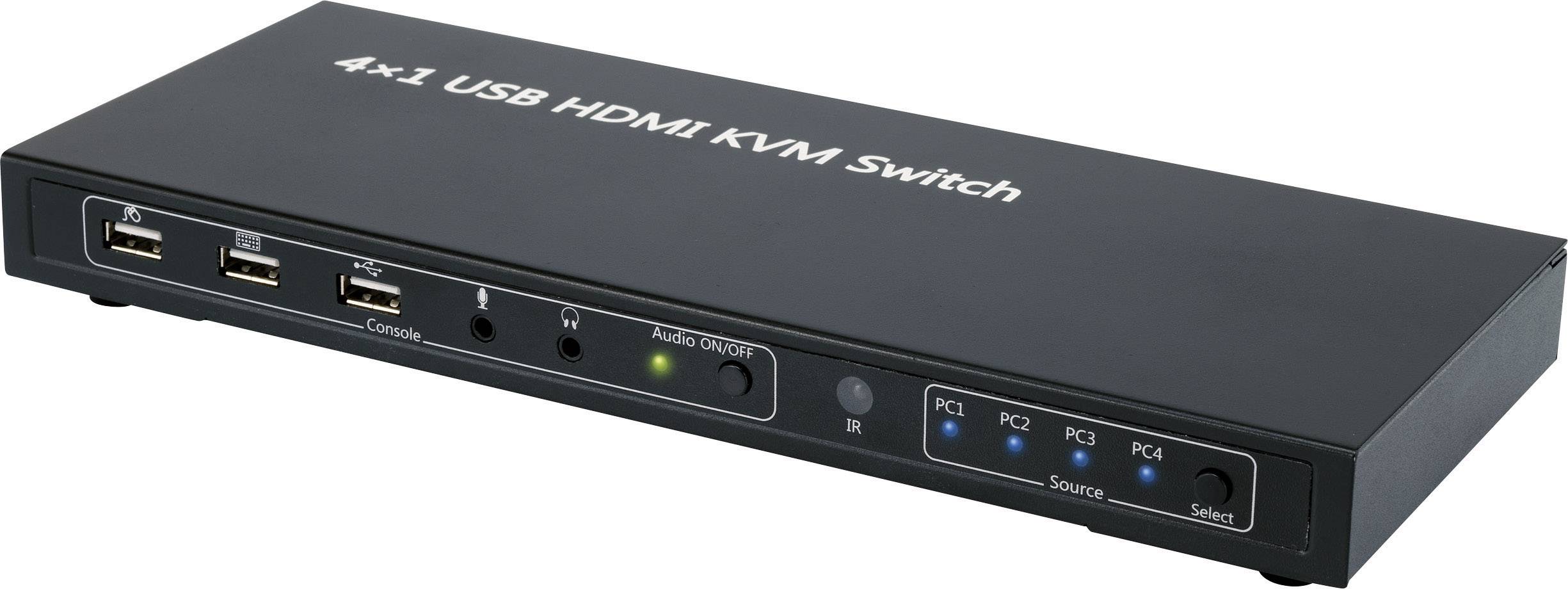 Čierny 4x1 HDMI KVM prepínač s USB portami. Zobrazuje štyri počítačové pripojenia, jeden audio výstup a ovládacie prvky na prednej strane.
