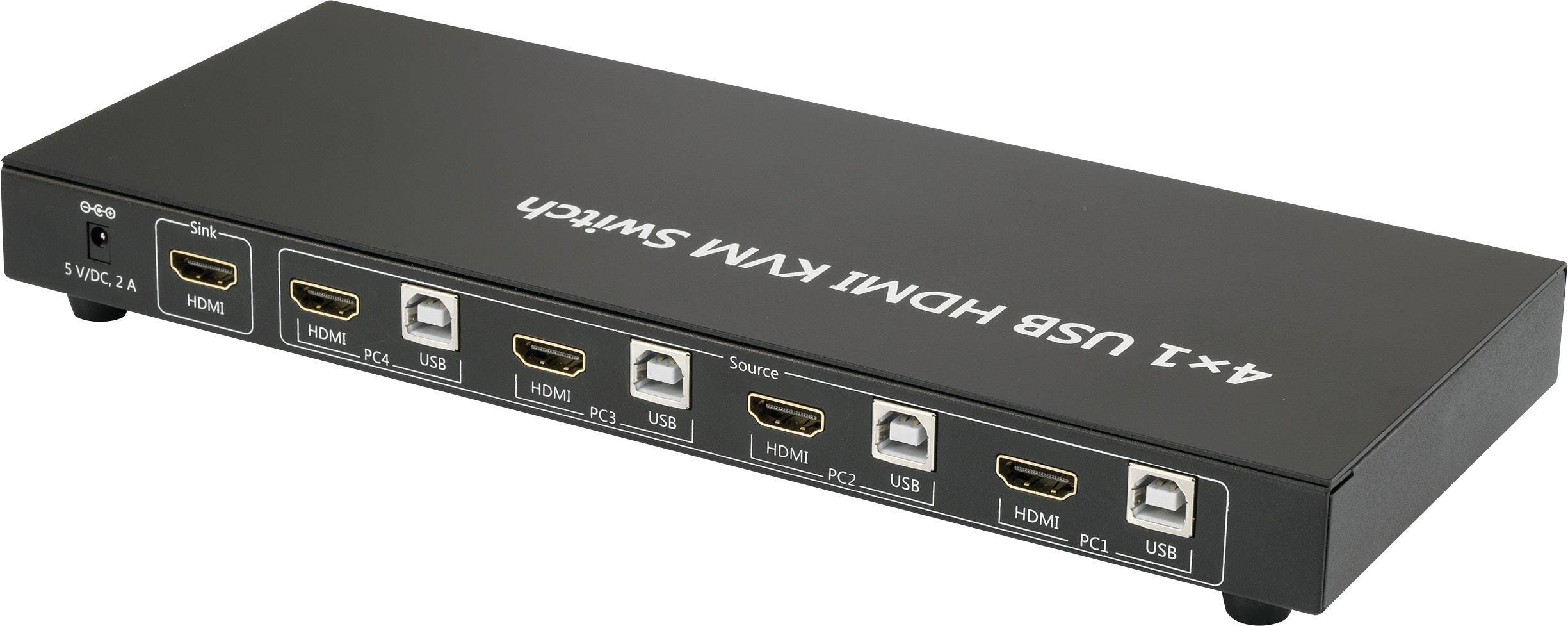 4x1 USB HDMI KVM prepínač so štyrmi HDMI vstupmi a štyrmi USB portmi vpredu a jedným HDMI výstupom vzadu.