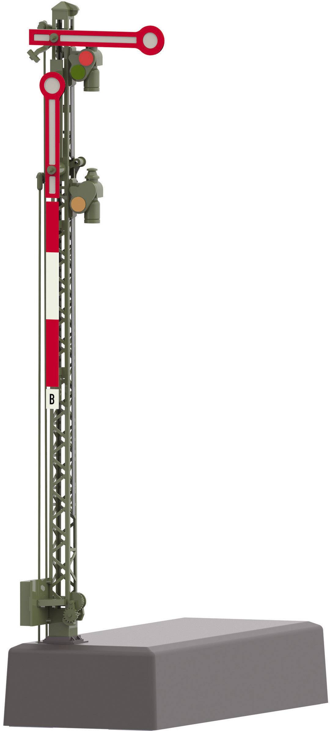 Model mechanického železničného signálu s červeným ramenom na bielom podstavci. Signál ukazuje 'Stop'.