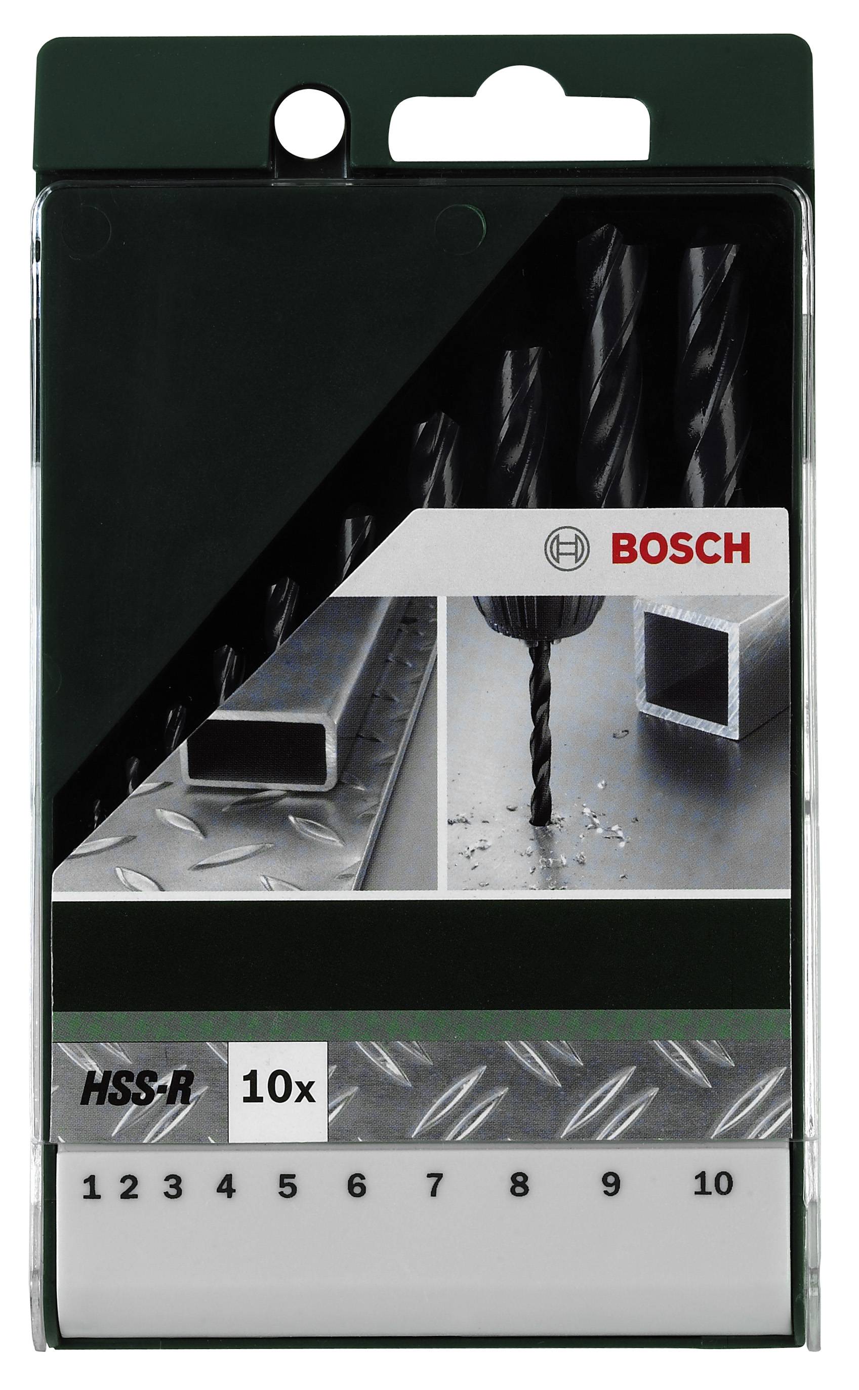 Sada vrtákov do kovu Bosch, 10 kusov. Obsahuje vrtáky HSS-R v rôznych veľkostiach. Balenie zobrazuje príklady použitia na kove.