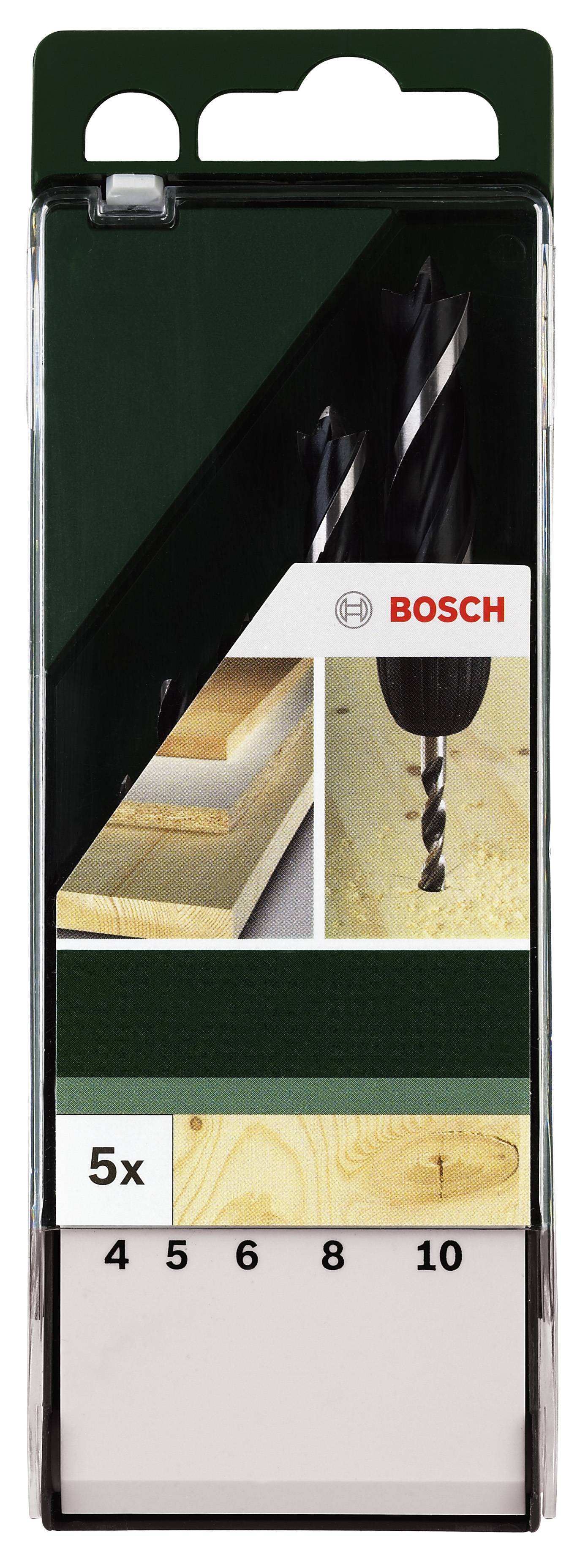Sada vrtákov od Bosch, 5-dielna, na drevo. Rôzne veľkosti: 4, 5, 6, 8, 10 mm. Balenie zobrazuje ukážku použitia v dreve.
